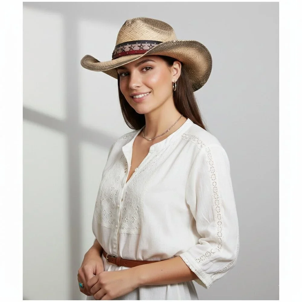 Peter Grimm American Flag Stars Cowgirl Straw Hat‎ Women One Size